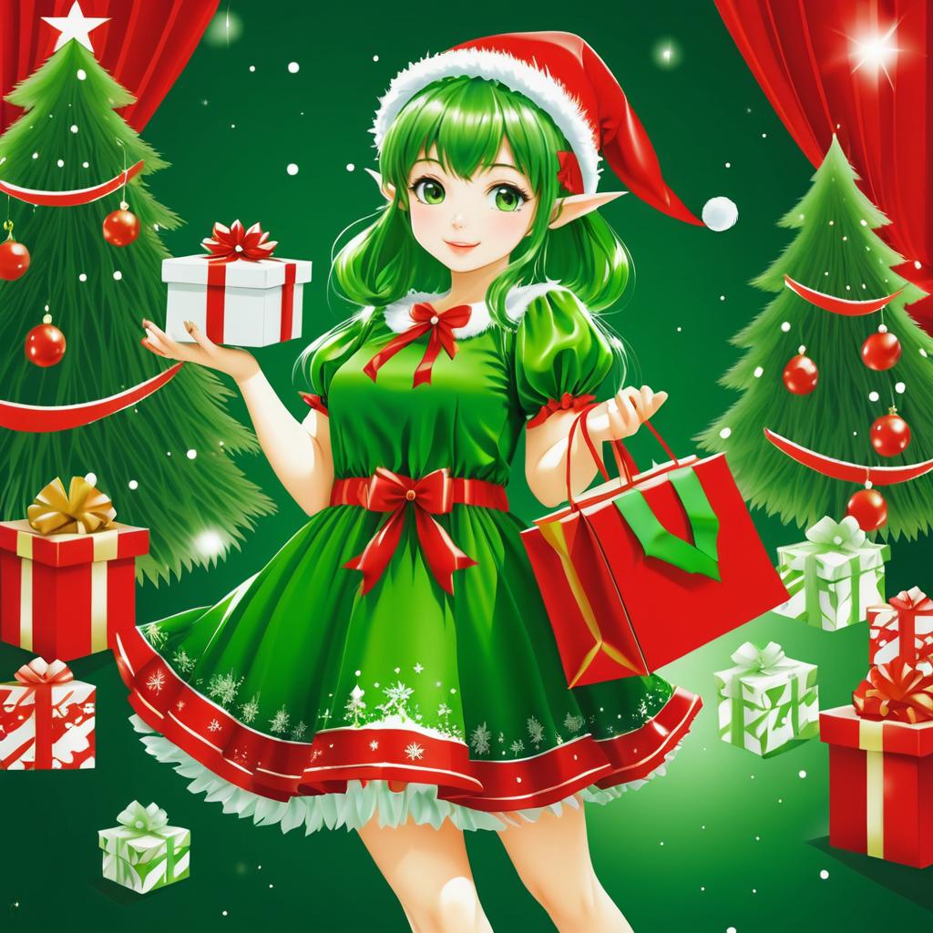 Adorable Manga Christmas Elf Girl Illustration