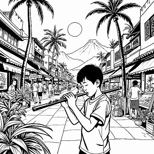 Ink Drawing of Boy Playing Flute in Asian Marketplace