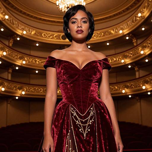 Photograph of a confident woman with short black hair, wearing an off-shoulder, deep red velvet gown adorned with gold chains, standing in an