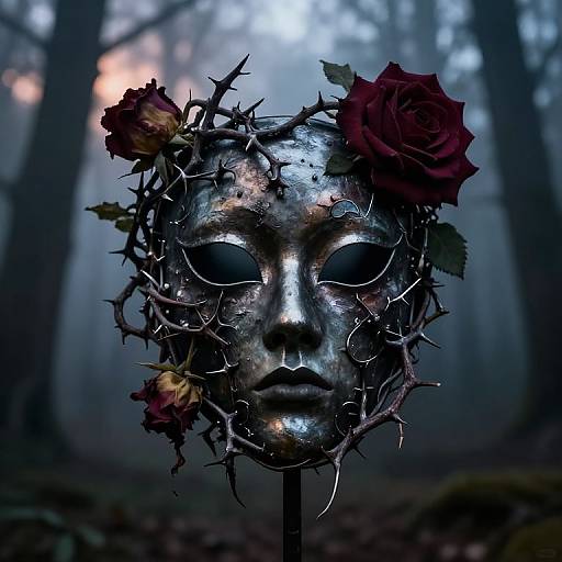 Photograph of a metallic, eerie mask with hollow eyes, adorned with thorns and wilted red roses, set in a foggy forest.