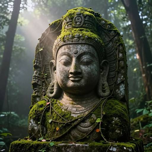 Photograph of a moss-covered, ancient stone Buddha statue in a dense, sunlit forest, with vines and leaves draped over its head and shoulders.