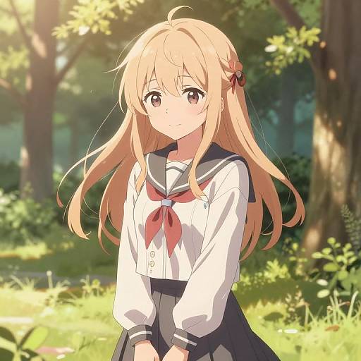 Anime-style digital drawing of a blonde girl with long hair, wearing a white sailor uniform with red necktie, standing in a sunlit forest. She
