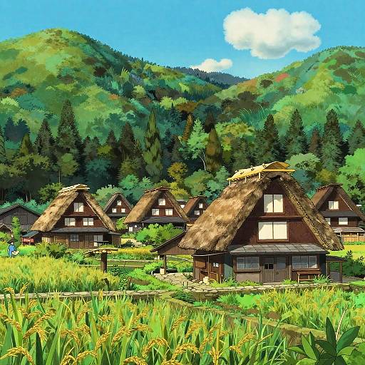 Ghibli-Inspired Ancient Village Landscape