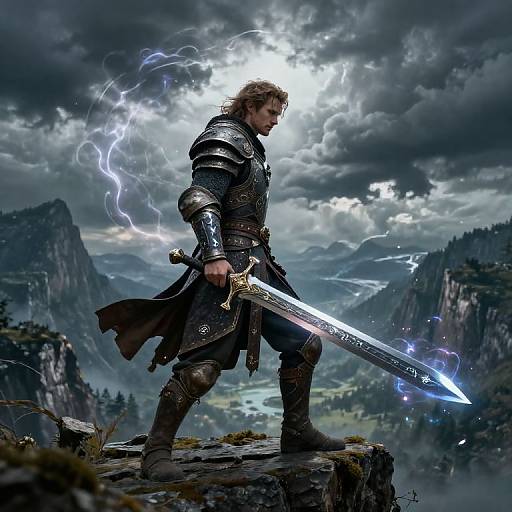 Epic fantasy illustration of a muscular, armored warrior with glowing sword, standing on rocky cliff amidst stormy mountains and lightning.