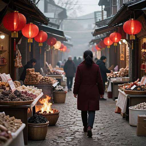 Photograph of a narrow, cobblestone Asian market street with red paper lanterns, baskets of snacks, a lone woman in a red coat walking