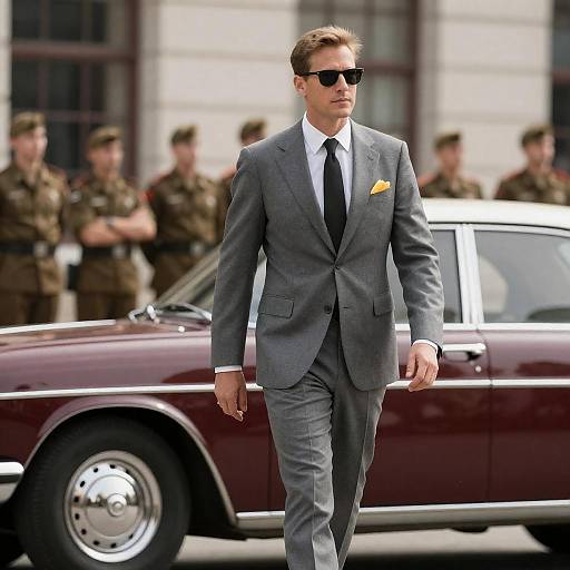 Man in Gray Suit Walking Past Vintage Car