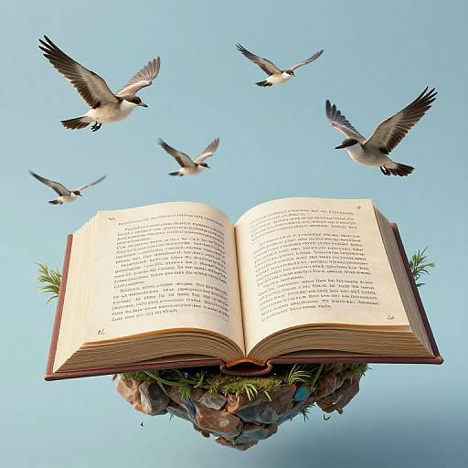 Photograph of an open book floating in sky, surrounded by flying birds, with rocky base and green foliage, against a clear blue background.