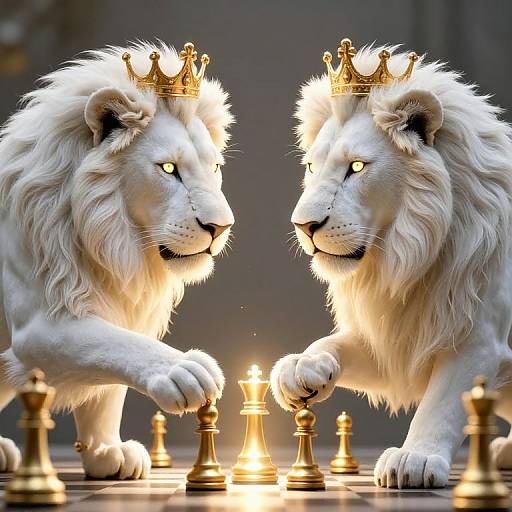 Photorealistic digital image of two white lions with golden crowns playing chess, their glowing eyes focused on illuminated pieces.