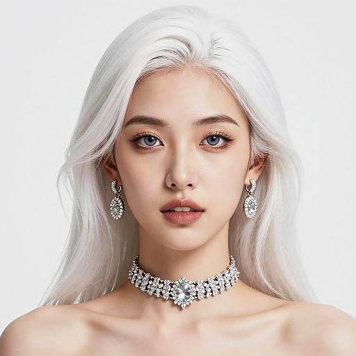 Digital portrait of a fair-skinned, white-haired woman with blue eyes, wearing a floral diamond necklace and matching earrings, against a white background.