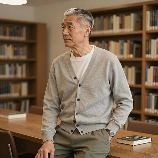 Photograph of an elderly Asian man with gray hair, wearing a light gray cardigan over a white shirt, standing in a library with wooden booksh