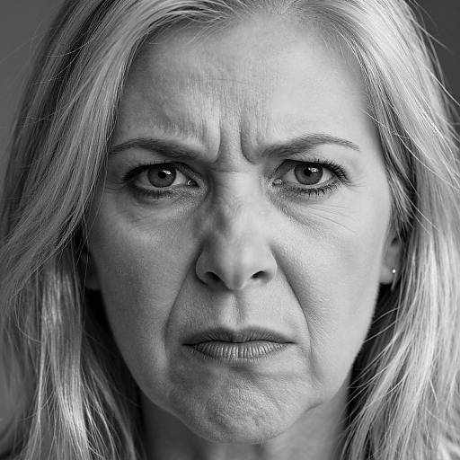 Close-up black-and-white photograph of a middle-aged woman with blonde hair, furrowed brows, and intense expression, emphasizing her wrinkles and serious look