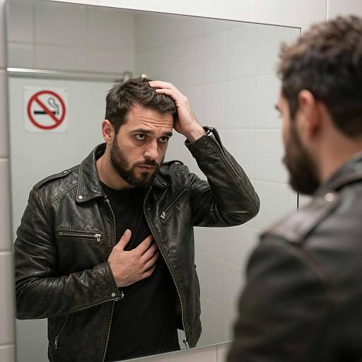 Reflections of Concern in a Dim Bathroom