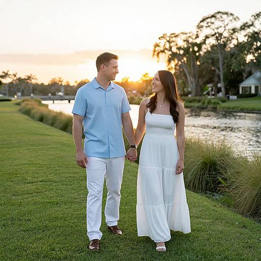 Photograph of a smiling couple holding hands in a sunset-lit park, with the man in light blue polo and white pants, and the woman in