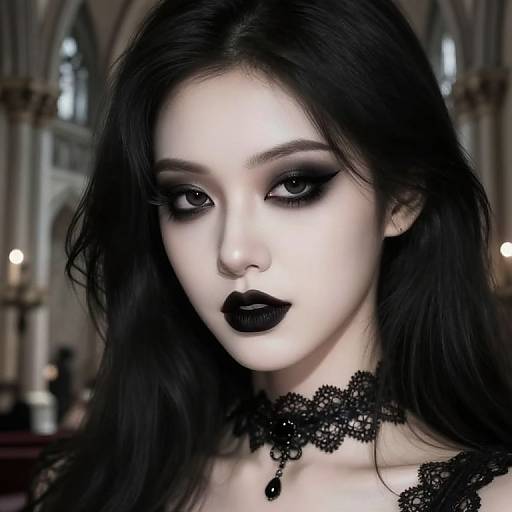 Digital gothic portrait of a pale woman with black lipstick, heavy black eye makeup, long dark hair, and a lace choker, set in a