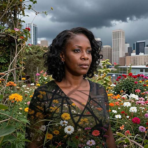 Photograph of a dark-skinned woman with curly black hair, wearing a black sheer top, standing in a vibrant flower garden with a city skyline and