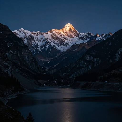 Photograph of a snow-capped mountain peak glowing golden at sunset, reflected in a dark, calm lake, surrounded by shadowed forested mountains under
