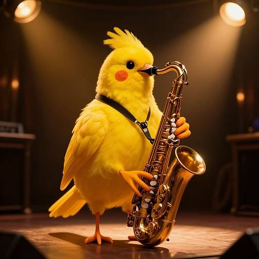 Photograph of a yellow, fluffy bird with red cheeks wearing a black collar, playing a shiny golden saxophone on a stage with warm spotlights in