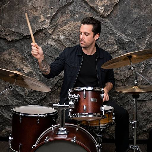 Photograph of a dark-haired, bearded man in a black shirt playing a drum set against a textured, rocky background. He holds a drumstick