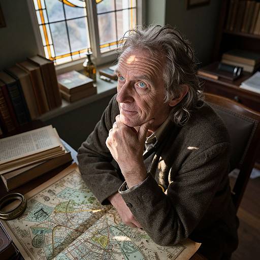 Photograph of an elderly man with grey hair, deep wrinkles, and blue eyes, sitting in a dimly lit library, sunlight streaming through windows,