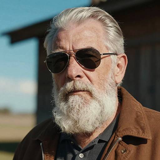 Photograph of an elderly white man with a white beard and silver hair, wearing dark aviator sunglasses and a brown jacket, standing outdoors with a blurred