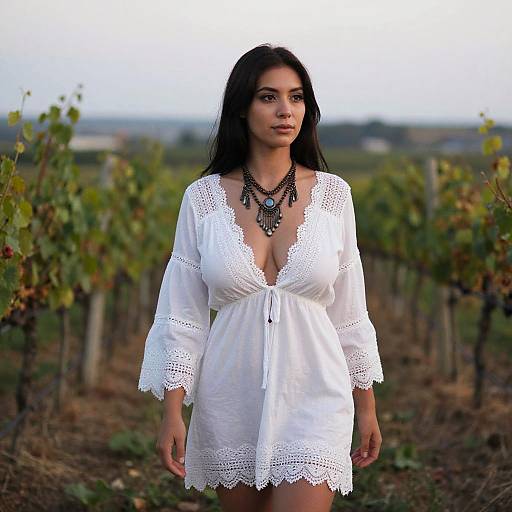 Photograph of a dark-haired woman with medium skin tone, wearing a deep V-neck white lace dress and black necklace, standing in a vineyard with