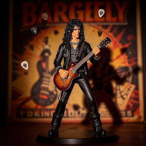 Photograph of a detailed, black-leather-clad rock musician figurine playing a brown electric guitar, with a blurred, fiery band poster background.