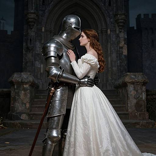Photograph-style digital image of a knight in shiny armor and a woman in a white, off-shoulder wedding dress, standing closely in a dark