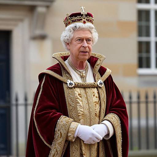 Photograph of elderly white man in ornate red and gold royal robe, white gloves, and crown, standing outdoors in front of historic stone building.
