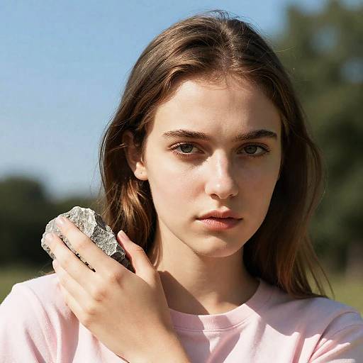 Serious Woman with Gray Rock Portrait