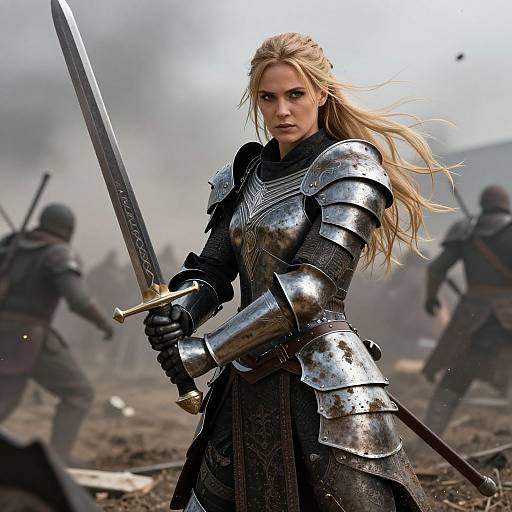 CGI image of a fierce blonde woman in medieval armor, holding a sword, standing in a misty battlefield with blurred enemies.