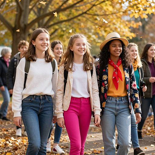 Photograph of three smiling teenage girls walking in an autumn park, wearing casual clothes and backpacks, with golden leaves in the background.