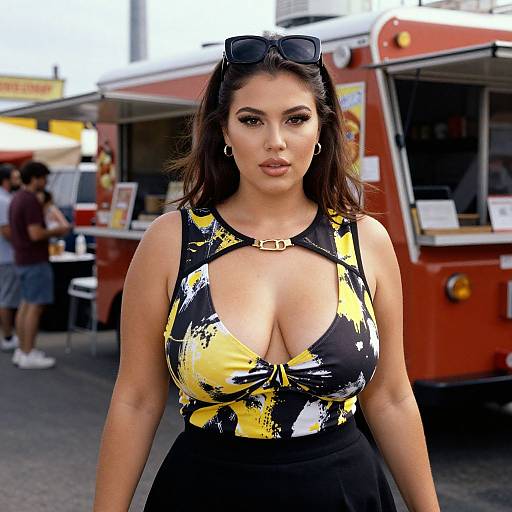Photograph of a curvy, dark-haired woman with large breasts, wearing a black and yellow abstract-patterned dress, hoop earrings, and sunglasses on