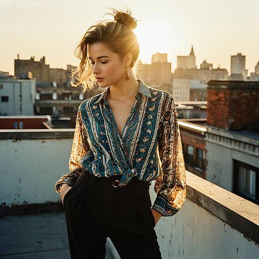 Fashion Model with French Twist Hairstyle on Urban Rooftop