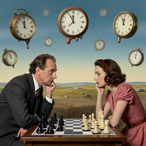 Photograph of a 1950s-style man and woman playing chess, surrounded by floating antique clocks, against a countryside backdrop.