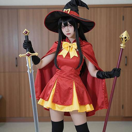 Vibrant Witch Cosplayer with Sword and Staff