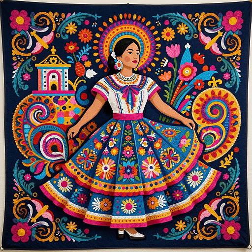 Vibrant Mexican Folk Art Tapestry