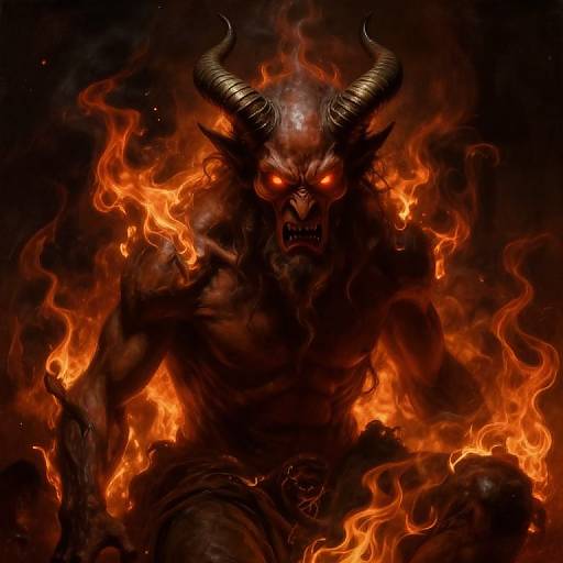 Digital illustration of a fierce, muscular demon with glowing red eyes, large curved horns, and fiery orange flames surrounding its dark, demonic figure against a black