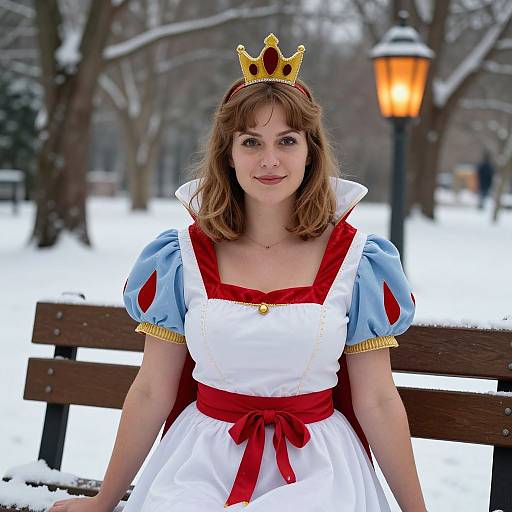 Photograph of a fair-skinned woman with brown hair, wearing a Snow White costume with blue puffed sleeves, red bodice, white dress,