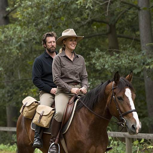 Couple Riding Horse Through Lush Forest
