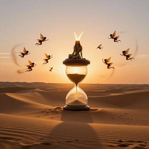 Digital artwork of a sunset in a desert, with a silhouetted female figure standing on an hourglass, surrounded by flying bees.