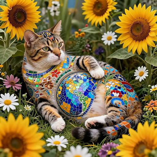 Photograph of a tabby cat with colorful mosaic markings, lounging amidst vibrant sunflowers and daisies in a lush garden.