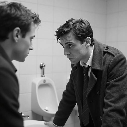 Intense Conversation Between Two Men in Bathroom