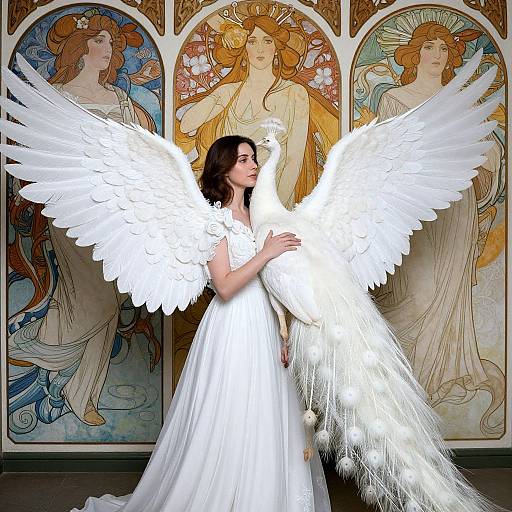 Photograph of a dark-haired woman in a white dress with large, detailed white angel wings, holding a white peacock, set against a vibrant,