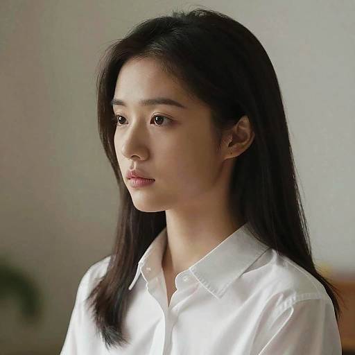 Photograph of a young Asian woman with straight black hair, wearing a white button-up shirt, looking slightly to the left, with soft natural light illumin