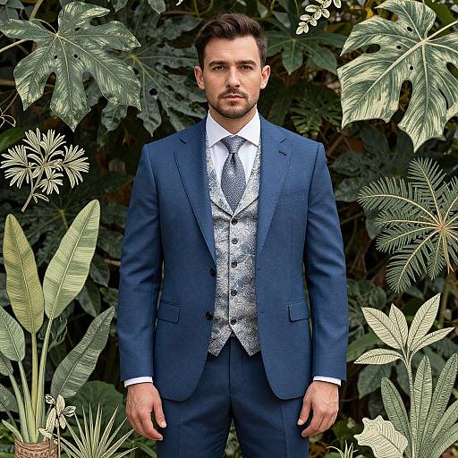 Photograph of a handsome, bearded man with short brown hair, wearing a navy blue suit, silver patterned vest, and white shirt, standing