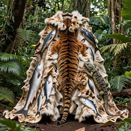 Photograph of a tiger sitting in a jungle, wearing a fur cloak adorned with fish and a lizard, surrounded by lush green foliage.