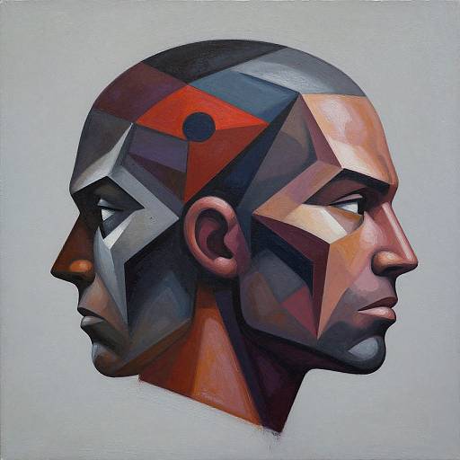 Digital painting of a geometric, multi-colored profile of a bald, dark-skinned man's head, featuring sharp, angular shapes in red, blue,