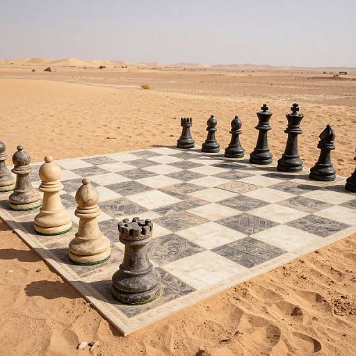 Photograph of a chessboard with large black and white pieces in a sandy desert, with dunes stretching into the horizon under a clear, bright sky
