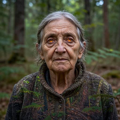 Photograph of an elderly woman with wrinkled skin, glowing orange eyes, gray hair, and a dark, mossy, textured coat in a forest
