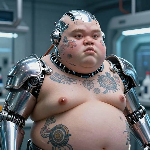 Photorealistic CGI of a chubby, tattooed man with a robotic, chrome head and arms, standing in a futuristic lab.